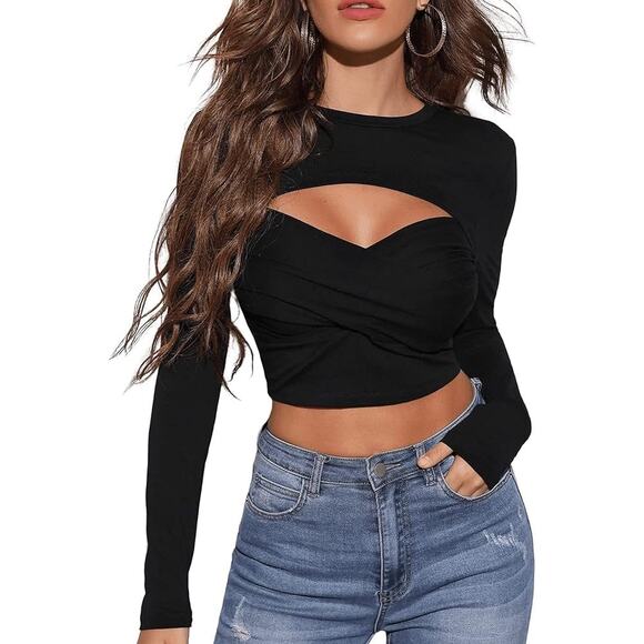 NWT Verdusa Cut Out Long Sleeve Cross Wrap Crop Tee Shirt Top Size X Large - Picture 1 of 9